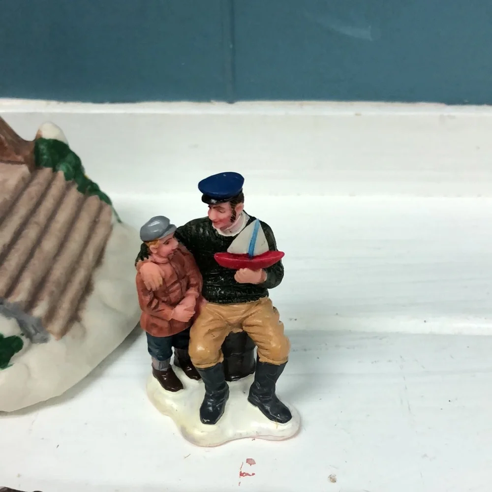 Lot of Christmas village cobblestone road bridge family in slay Lemax father son